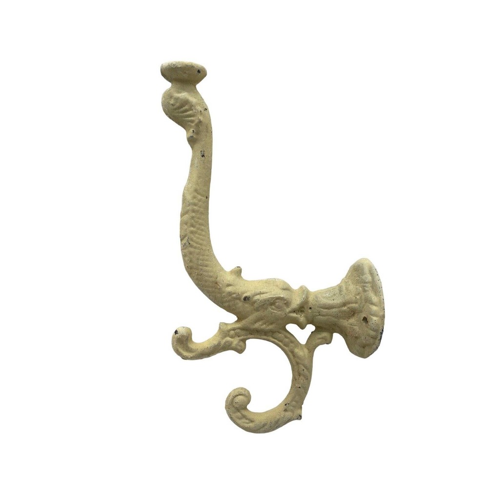 Vintage Ornate Wall 3 Hook Towel Robe Coat Hat Rack Whitewashed Cast Metal